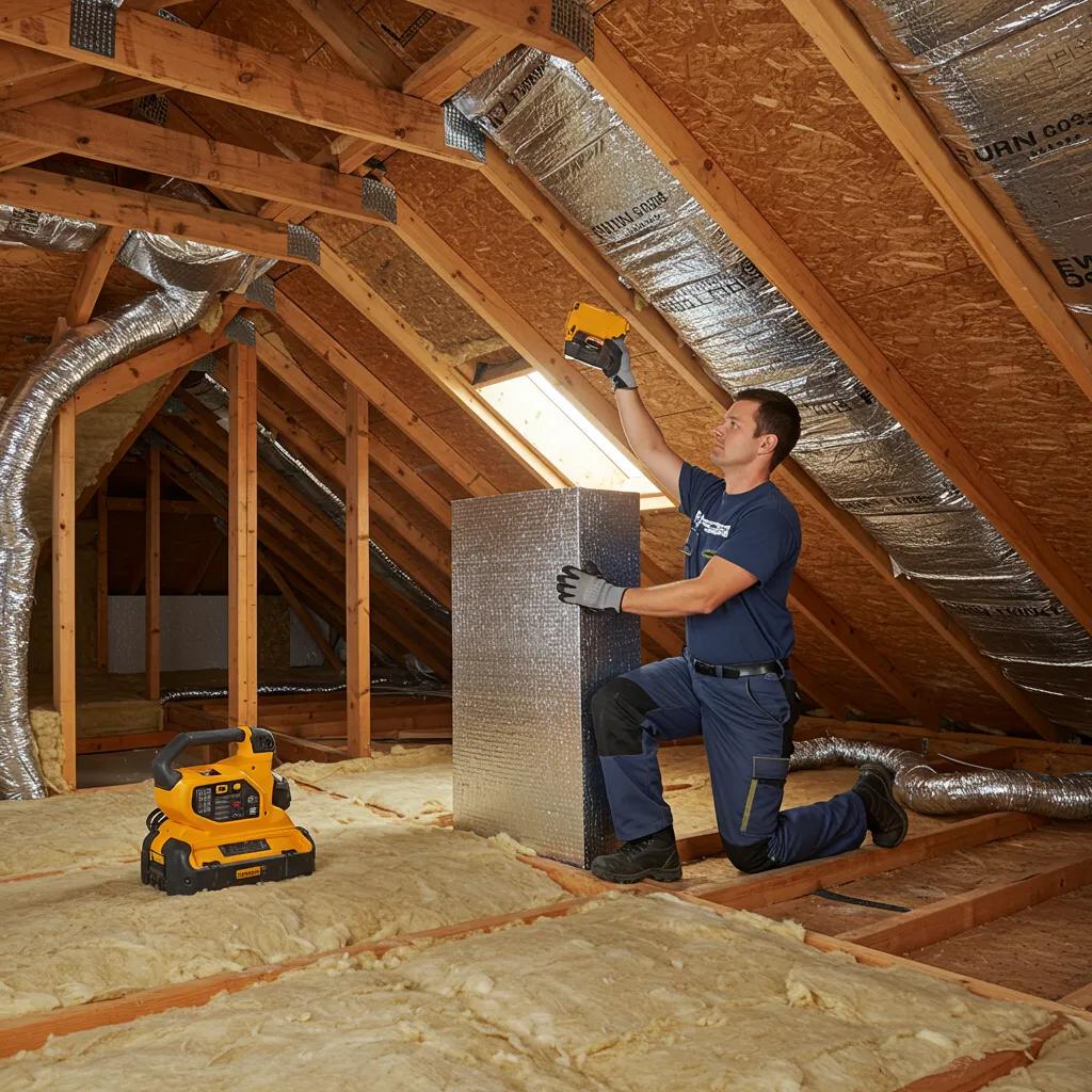 A technician is shown installing insulation in an attic, highlighting the critical role of insulation upgrades in boosting energy efficiency